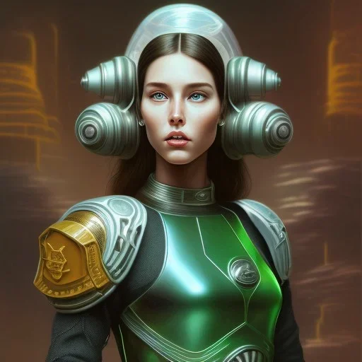 Young Woman as a ruggedly beautiful retro sci-fi space marine in a green pvc outfit, 1985, intricate, elegant, highly detailed, centered, digital painting, artstation, concept art, smooth, sharp focus, illustration, art by artgerm and donato giancola and joseph christian leyendecker, ross tran, wlop