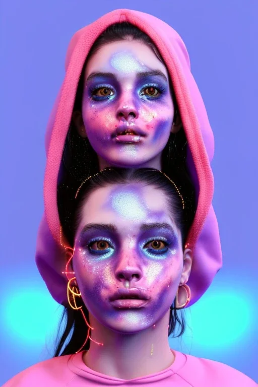 Ultra Realistic image, Rosalía artist, portrait, waist up portrait, long black eye line, sweet face, inflatable hoodie, gold pink and blue style, spray glow make up, led lights, neon, rings piercing nose, led ornament, fog, cold, bubble latex coat, vibrant color, highly detailed, art stations, concept art, smooth, unreal engine 5, god rays, ray tracing, RTX, lumen lighting, ultra detail, volumetric lighting, 3d, finely drawn, high definition, high resolution.