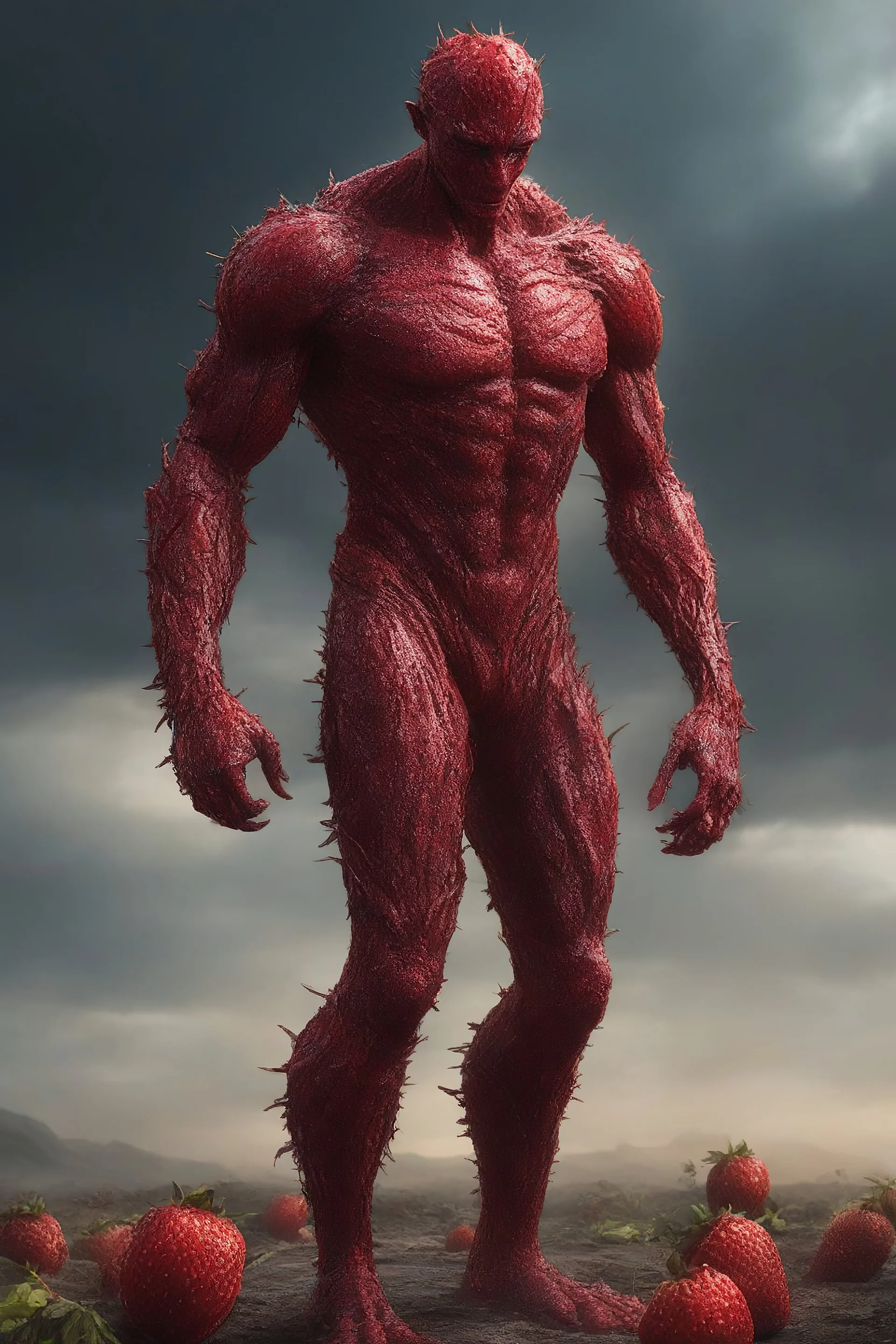 full body portrait, head to toe, imagine in a world made out of strawberries, a 4k UHD strawberry skinned, 1080p strawberry skinned man., at the edge of the Strawberry universe, three million years in the future, an extremely mutated and old Strawberry humanoid being, Volcanic Strawberry Super-man, with wirey, messy, spiked up, long leafy green strawberry hair, burned, scarred and ashy strawberry skin with a lost gaze, bound to the edge of time, wandering aimlessly and alone