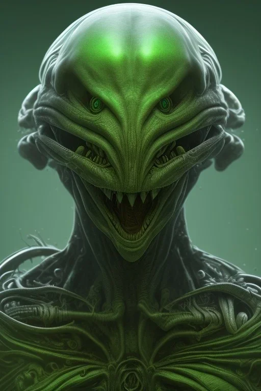 green alien, head, evil, red eyes, big silver teeth, weapons, blood, 8k, finely detailed, photo realistic, HR Giger style