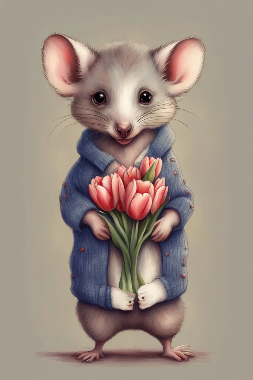 Baby possum with wearing cardigan holding a bouquet of tulips cute art