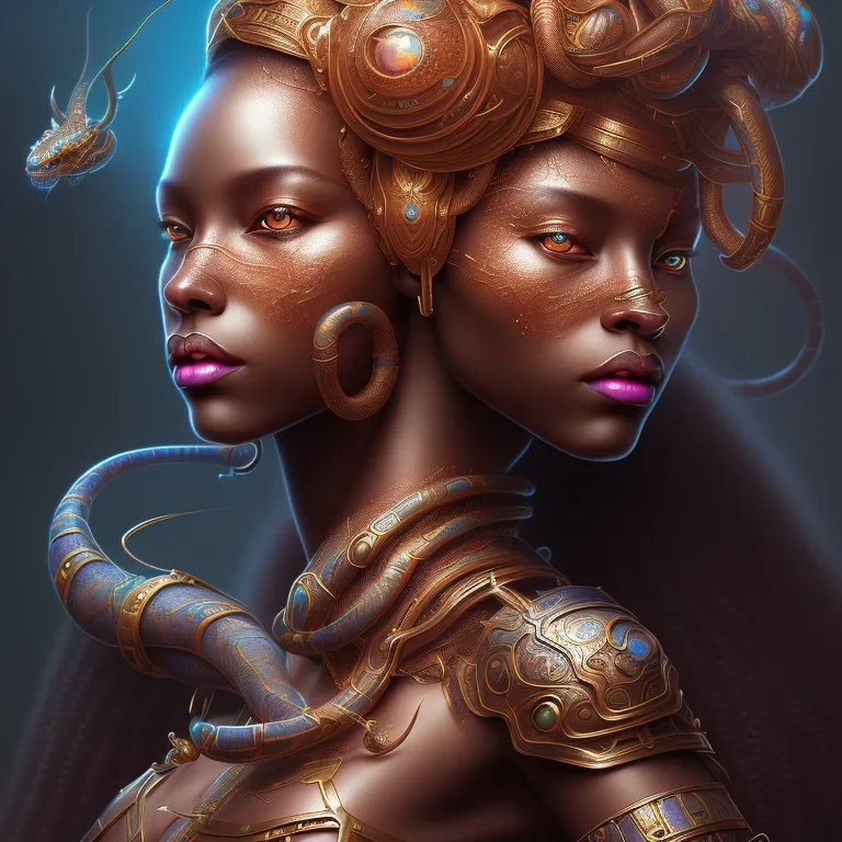 sango fantasy, fantasy magic, intricate, sharp focus, illustration, highly detailed, digital painting, concept art, matte, masterpiece snake head sexy lady body black African beauty space lady tiger skin wearing African hair one head space background