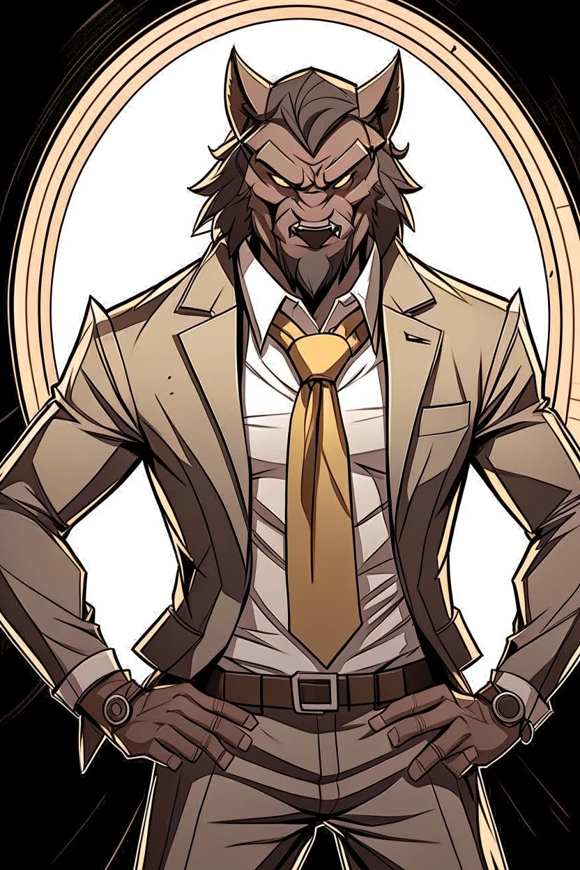 Buff, anthro, wolf, himbo, black fur, gold eyes, wearing a suit, full-body, muscles, strong, muscular, man boobs, bulky, tail, dark fur, smug grin, hands on hips,