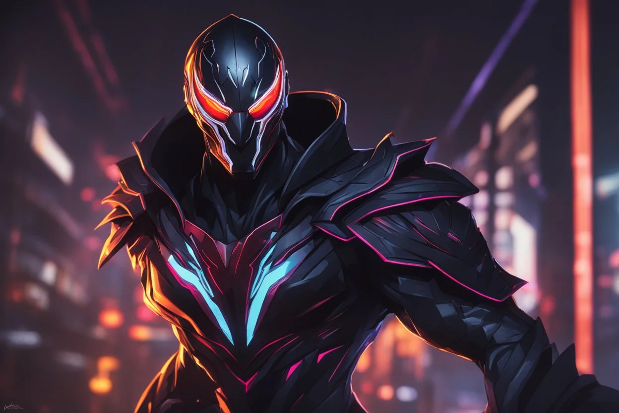 Jhin venom in 8k solo leveling shadow artstyle, mask, wapen, close picture, neon lights, intricate details, highly detailed, high details, detailed portrait, masterpiece,ultra detailed, ultra quality