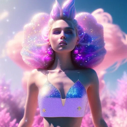 one big crystal glitter pink blue subtle galactic fairy in a galactic ambiance,glitter bikini, long blond hair down to the ground,transparent petals,blue eyes,delicate colors in the foreground, full of details, smooth，soft pink violet light atmosphere, light effect，vaporwave colorful, concept art, smooth, extremely sharp detail, finely tuned detail, ultra high definition, 8 k, unreal engine 5, ultra sharp focus, very precise, lots of details