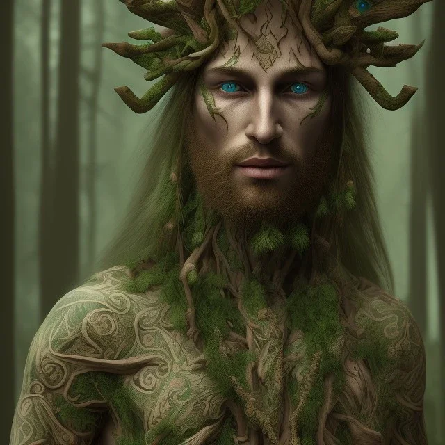 Insanely detailed photograph of An elaborate masculine forest elf man wooden skin with green eyes and wooden headpiece and tattoos, colours plants and forest