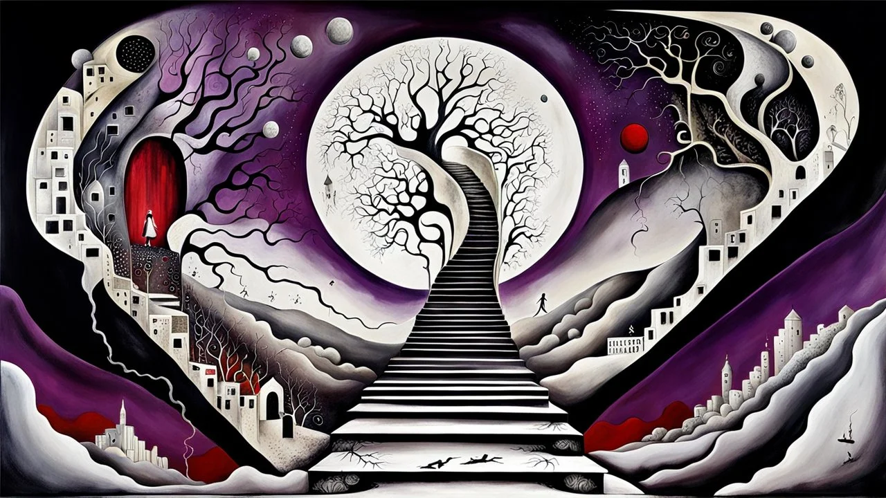 painted inner world with uncontrolled mind and neurodivergens soul, floating doors over surreal cracked painted weird empty land . neverending brockened stairs,. dark purple, gray, black, white, brown, dark red, cream color. Whimsical style of Chagall , of Minjae Lee and of Anna Dittman. No people in picture, weird absurd beauty nightmare, in background big neuron network web, surreal vibe