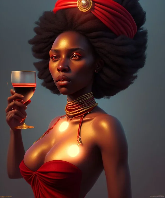 Negra Francisca, beautiful, curvy body, African slave, simple red fabric dress, beautiful long black hair, red headband, head and shoulders portrait, holding glass of wine, 8k resolution concept art portrait by Greg Rutkowski, Unreal Engine 5 volumetric lighting