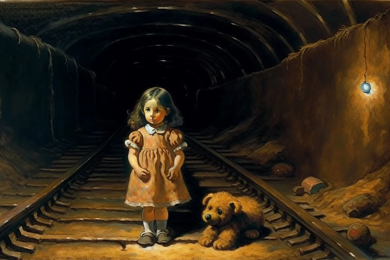 in a tunnel little girl is holding a teddy bear next to train tracks Leonor Fini