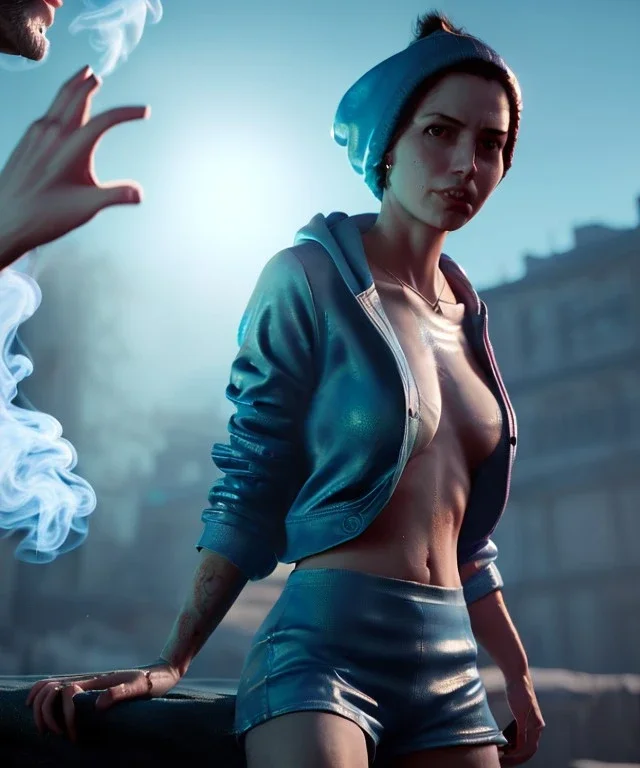 Realistic image, waist up view, a woman making the fuck off gesture with his hand, blue smoke coming out of his nose and mouth, happy. Latex cloth, inflatable hoodie, soft color, highly detailed, unreal engine 5, ray tracing, RTX, lumen lighting, ultra detail, volumetric lighting, 3d, finely drawn, high definition, high resolution.