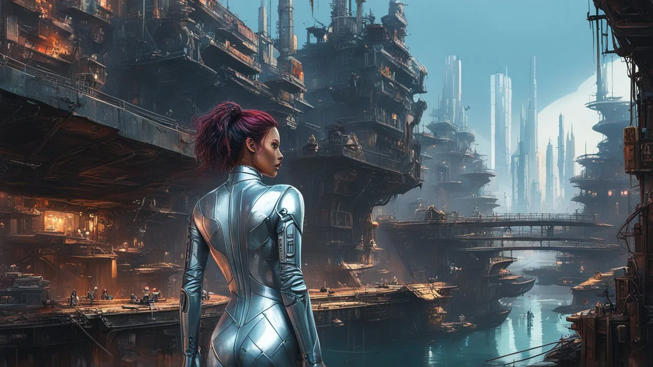 woman in a silver catsuit looking at a view of buildings made of reused dirty rusty metal next to a futuristic canal junction, cyberpunk, many painted colours, flying boats, balconies, bridges, shops, fifth element, ghost in the shell, altered carbon, Ian McQue a masterpiece, 8k resolution, dark fantasy concept art, by Greg Rutkowski, dynamic lighting, hyperdetailed, intricately detailed, Splash screen art, trending on Artstation, deep color, Unreal Engine, volumetric