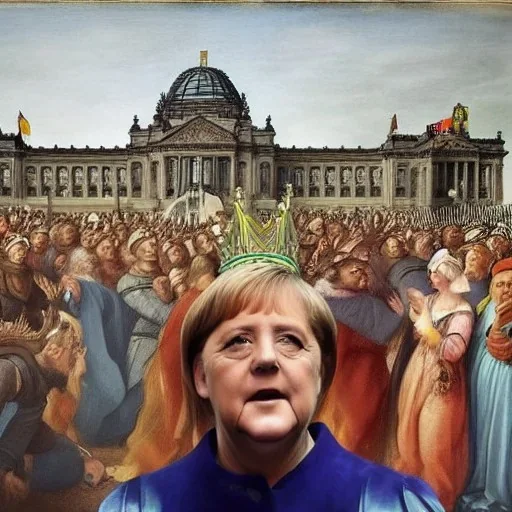 renaissance painting of angela merkel wearing a crown in front of the reichstag building