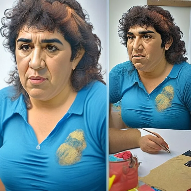 Create a highly realistic 3D scene. An detailed Realistic of Play Football Diego Maradona transforming her into a woman with the same specifications as the attached image. The method of transforming the painting in full detail. A comedic and funny touch. Ultra wide angle. Extremely realistic fine details. Highly realistic detailed display. Great full presentation and amazing drawing style. Transfer the full detailed drawing of the image at a wide and precise angle. Inspiri