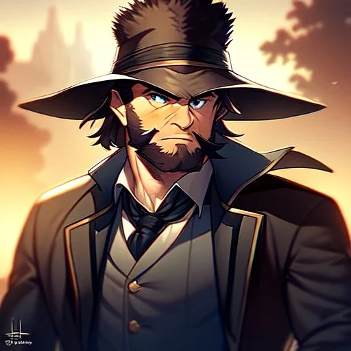 Portrait, Bearded, gunslinger, with short brown hair, serious blue eyes, Cowboy Coat