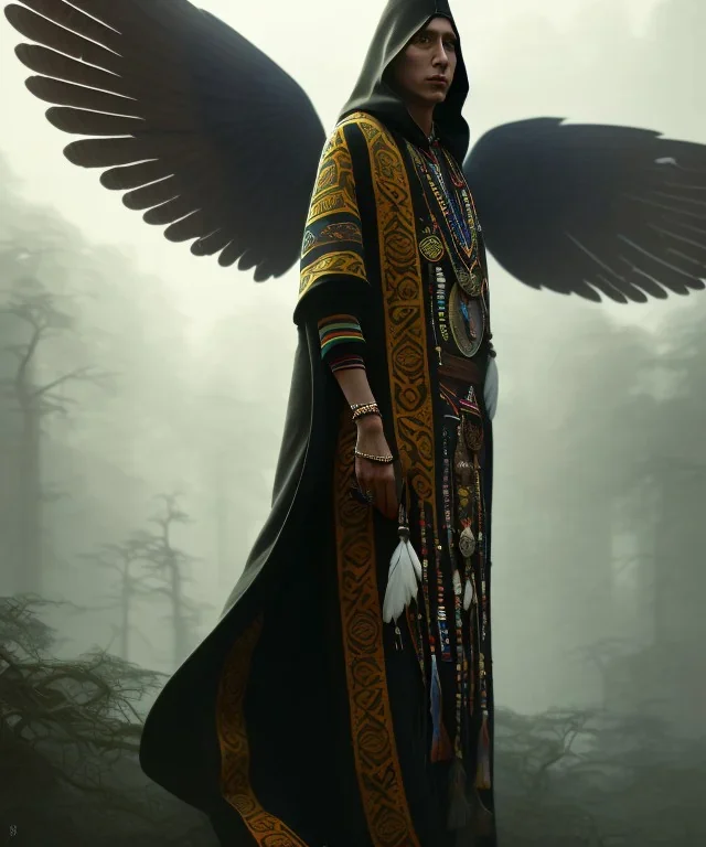 native american shaman, wizard doctor, long black hair, black hooded coat like wings, 8k resolution concept art portrait by Greg Rutkowski