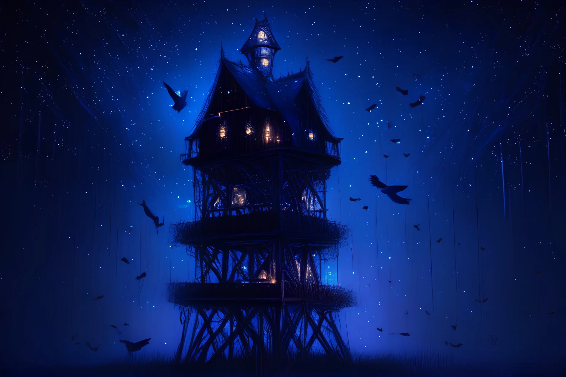 A wide wooden tower with many landing platforms for birds, dark blue glowing light, fantasy, magic, dark, stars, sparkle