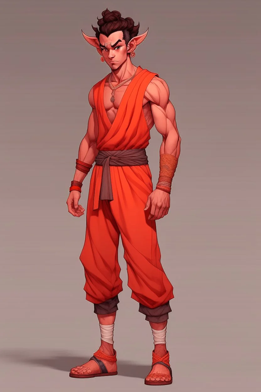 Full Body, Male Tiefling, monk boxer, street outfit like Goku