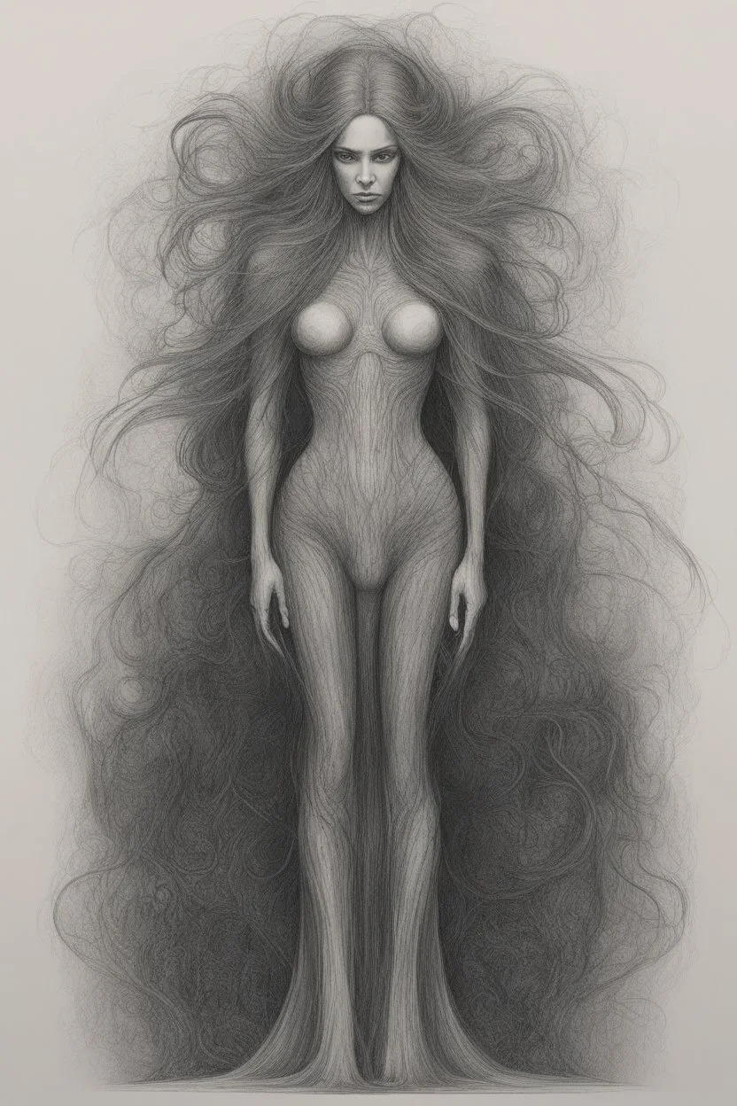 Drawing of a beautiful female with long hair in the style of Scorn, Giger, Beksinski, Leonardo da Vinci. Full body.thin lines draw style