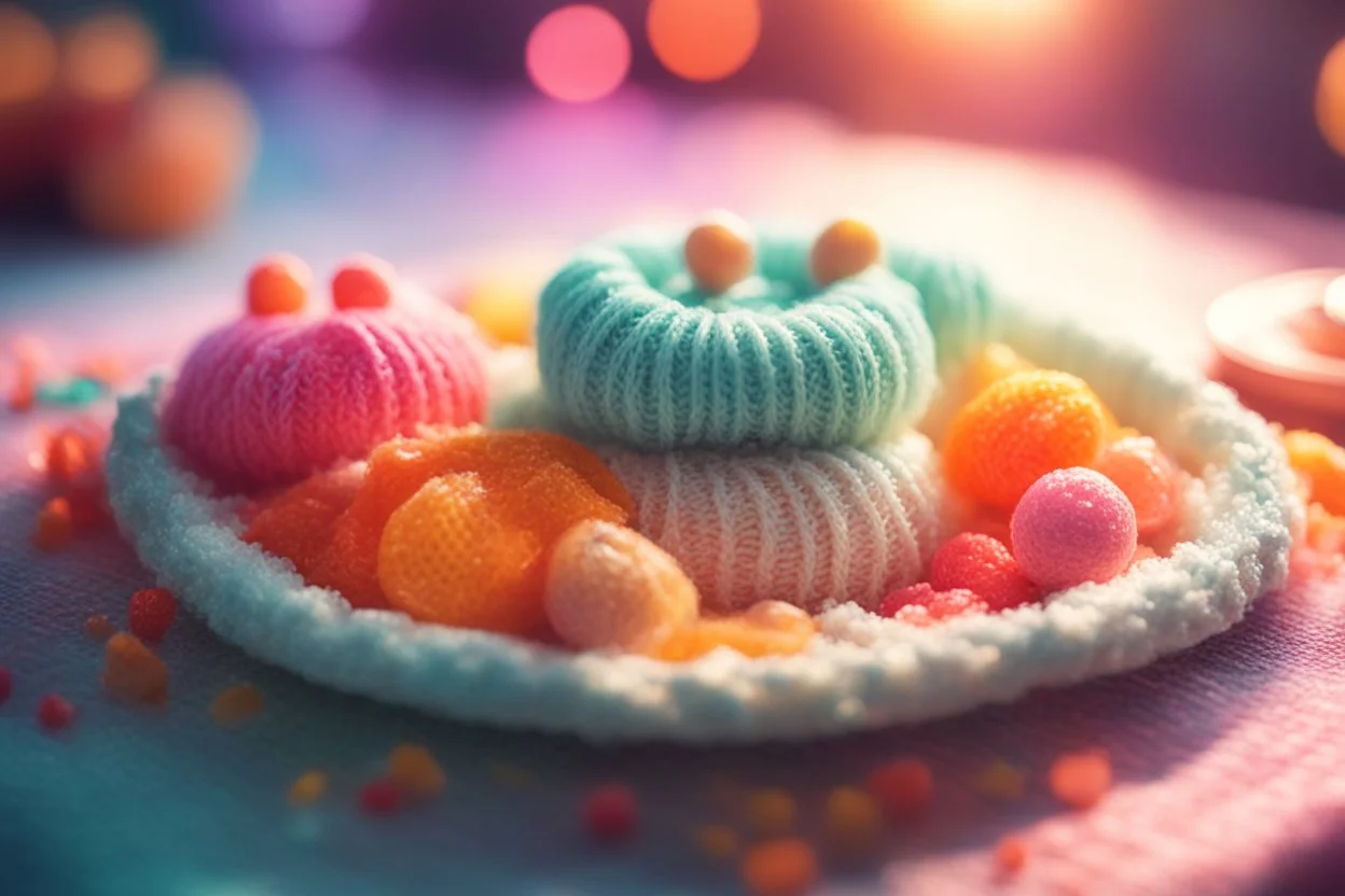 knitted dream, food, neon colors in sunshine, ethereal, cinematic postprocessing, bokeh, dof