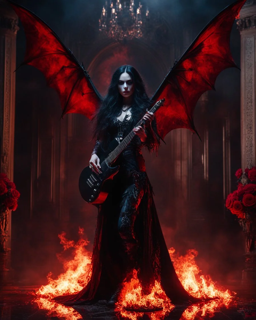 The Guitarist bat vampire,Full a length image Body fire flames Horror cinematography realistic Full body,creepy Vampire ghost woman long hair straddle up bat wings as an guitarist she on playing guitar electric heavy metal style,she standing on creepy,in night mystery burning palace vampire,red roses flowers and bats sorrounded background,dramatic angle, trypophobia