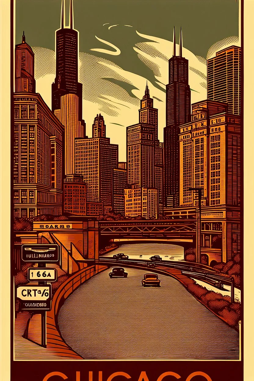 vintage-style woodcut illustration of Chicago's skyline featuring the Willis Tower (formerly Sears Tower) and other modern skyscrapers. The image has a sepia-toned color scheme with black and brown elements. In the foreground, a curved highway labeled "ROUTE 66" with vintage cars driving on it. Street signs reading "CHICAGO", "LAKESHORE DRIVE", and "MILLENNIUM PARK" are positioned in the upper portion. The illustration includes a bridge spanning across a body of water, with architectural details