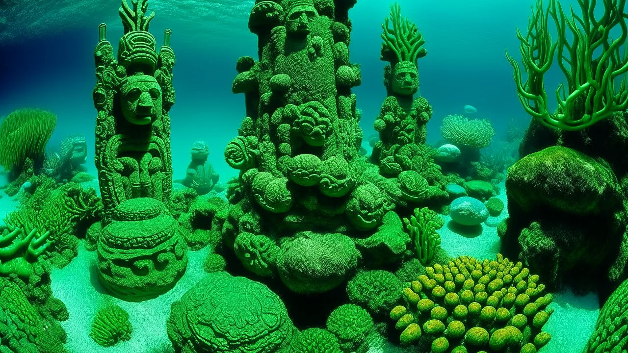 A greenish blue underwater reef with seaweed and kelp designed in Moai statues painted by Keith Haring
