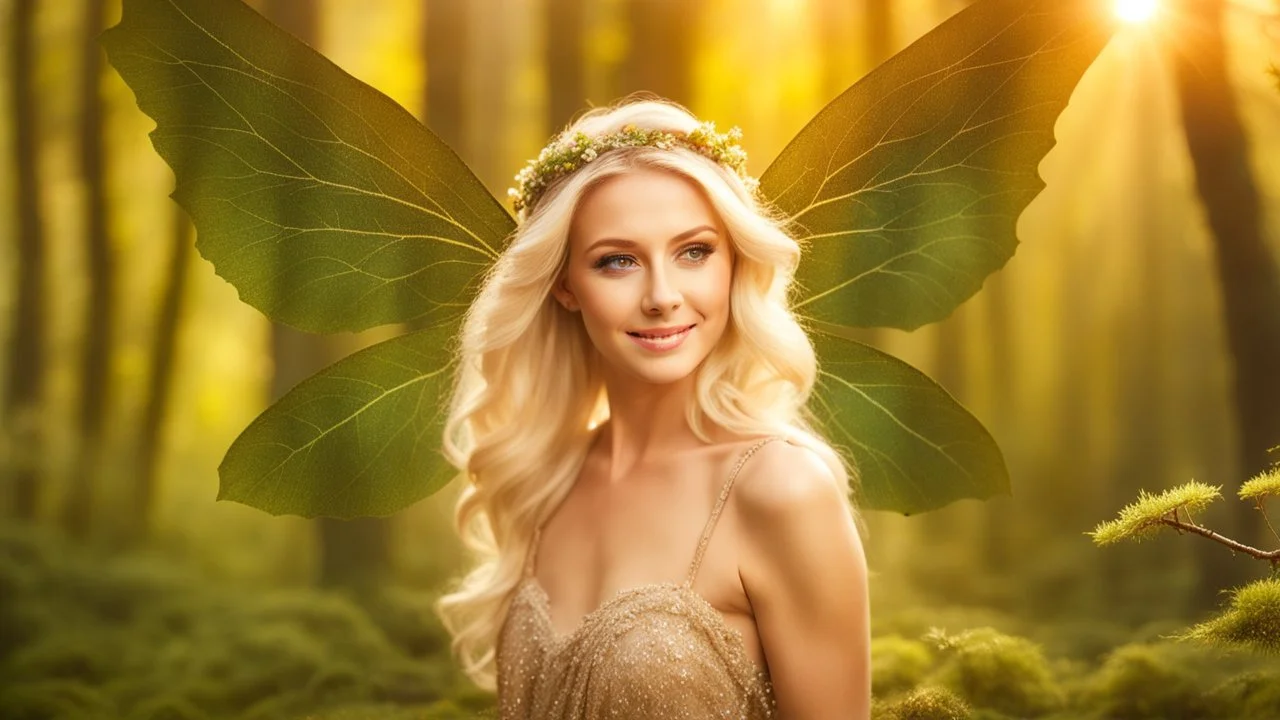 A gorgeous smiling blonde model in a fairy outfit with great glittering wings in a magic forest with 1000 y/o trees, a small torrent, loads of mini flowers, moss, sun rays through the branches, particles in the air at dawn spring