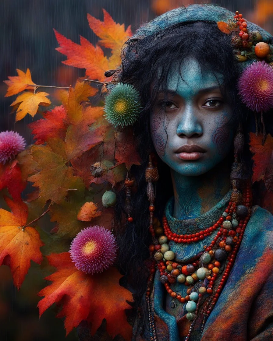 Vibrant autumn foliage in a rain-kissed setting, Ikebana arrangement, Haiku poetry inspiration, Japanese garden elements, autumn asters, Utagawa Hiroshige essence, Isaac Levitan influence, woman with dark skin, tribal markings, mysterious expression, piercing eyes, flowing black hair, colorful beads, layered textiles, bright hues, ornate jewelry, cultural richness, dark, blurred backdrop, GoBi, Наталья И-ва.Mystical character with pale blue scaly skin, icy green eyes, dark eyeliner, cascading da