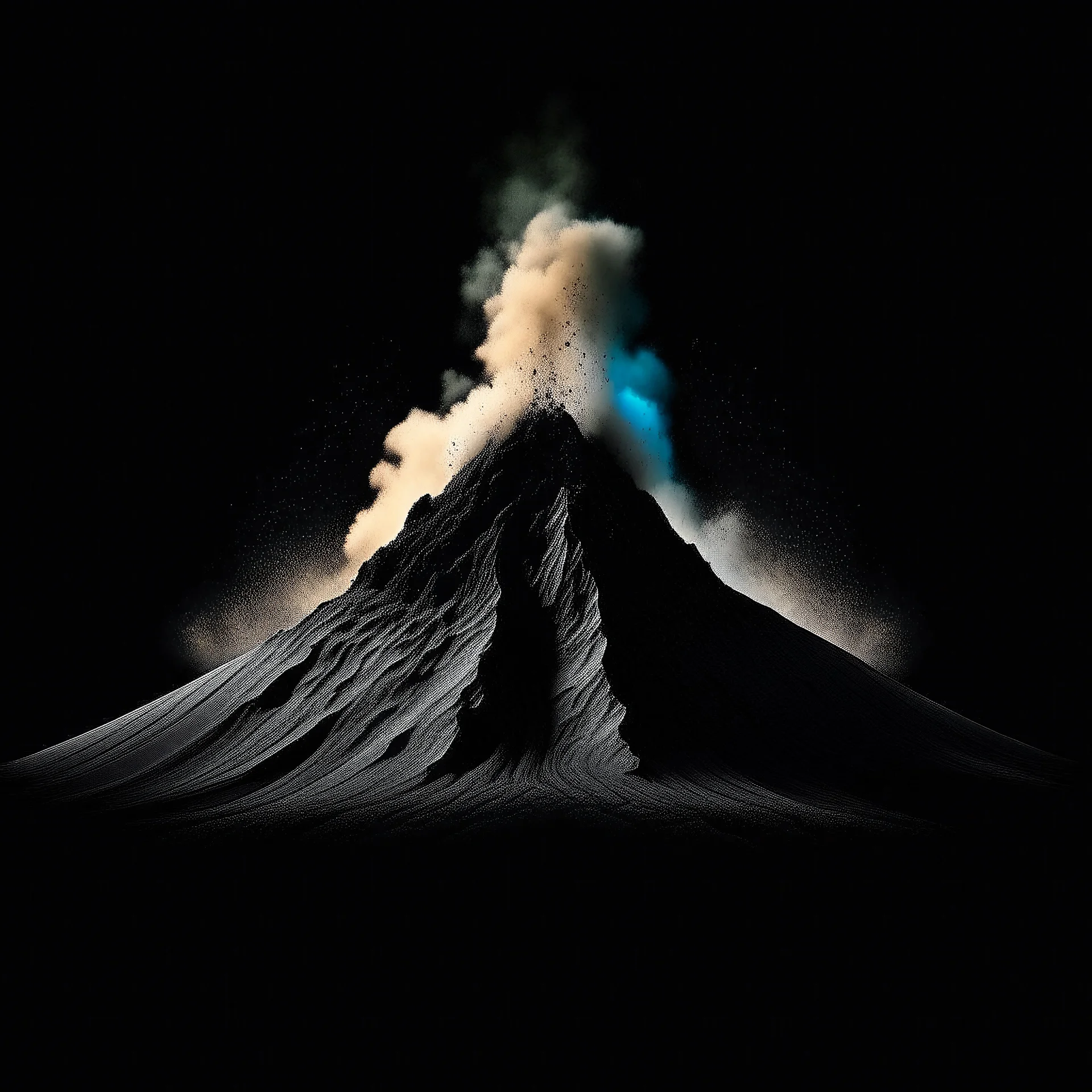 great high volcano on fire, symmetrical, minimalistic, on black background , black and white