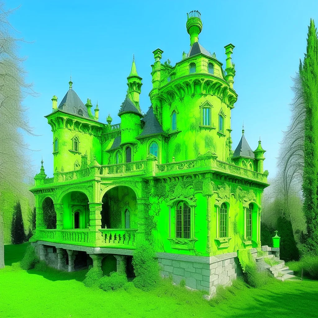 A lime green chateau with ghosts designed in Ica stones painted by Lucas van Leyden
