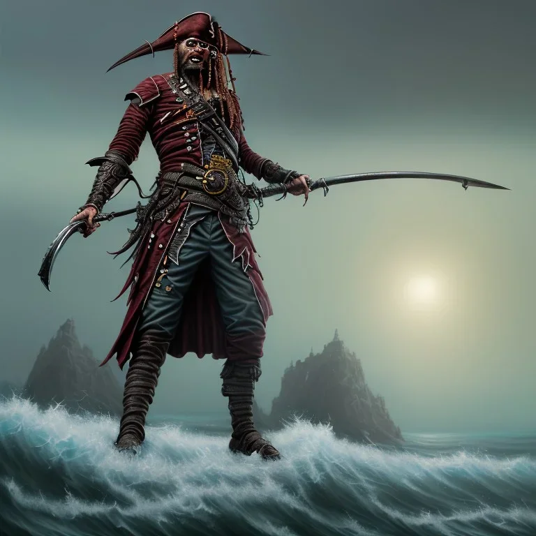 a pirate warrior in maroon and black full battle armor, a highly detailed illustration, background of giant crashing ocean waves, realistic render, 8 k, micro detail, intricate, elegant, centered, digital painting, Artstation, smooth, sharp focus, illustration, artgerm, tomasz alen kopera, peter mohrbacher, donato giancola, joseph christian leyendecker, wlop, boris vallejo