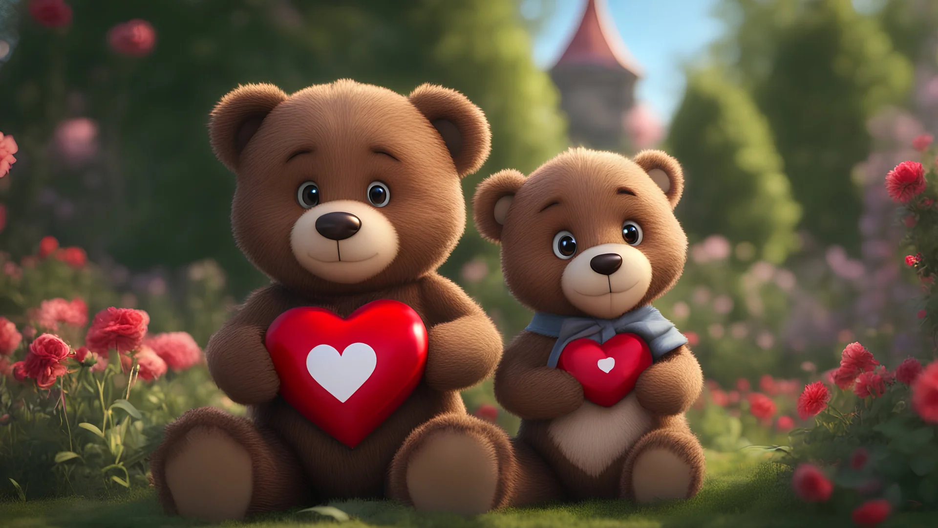 Place the teddy bear in a prominent position within the flower garden. Make sure the bear is holding the red heart in a way that is visible and adds a focal point to the image. Backlight. Highly detailed. Hyper-realistic, 4k, ultra HD, Pixar style, Disney style, cinema 4D