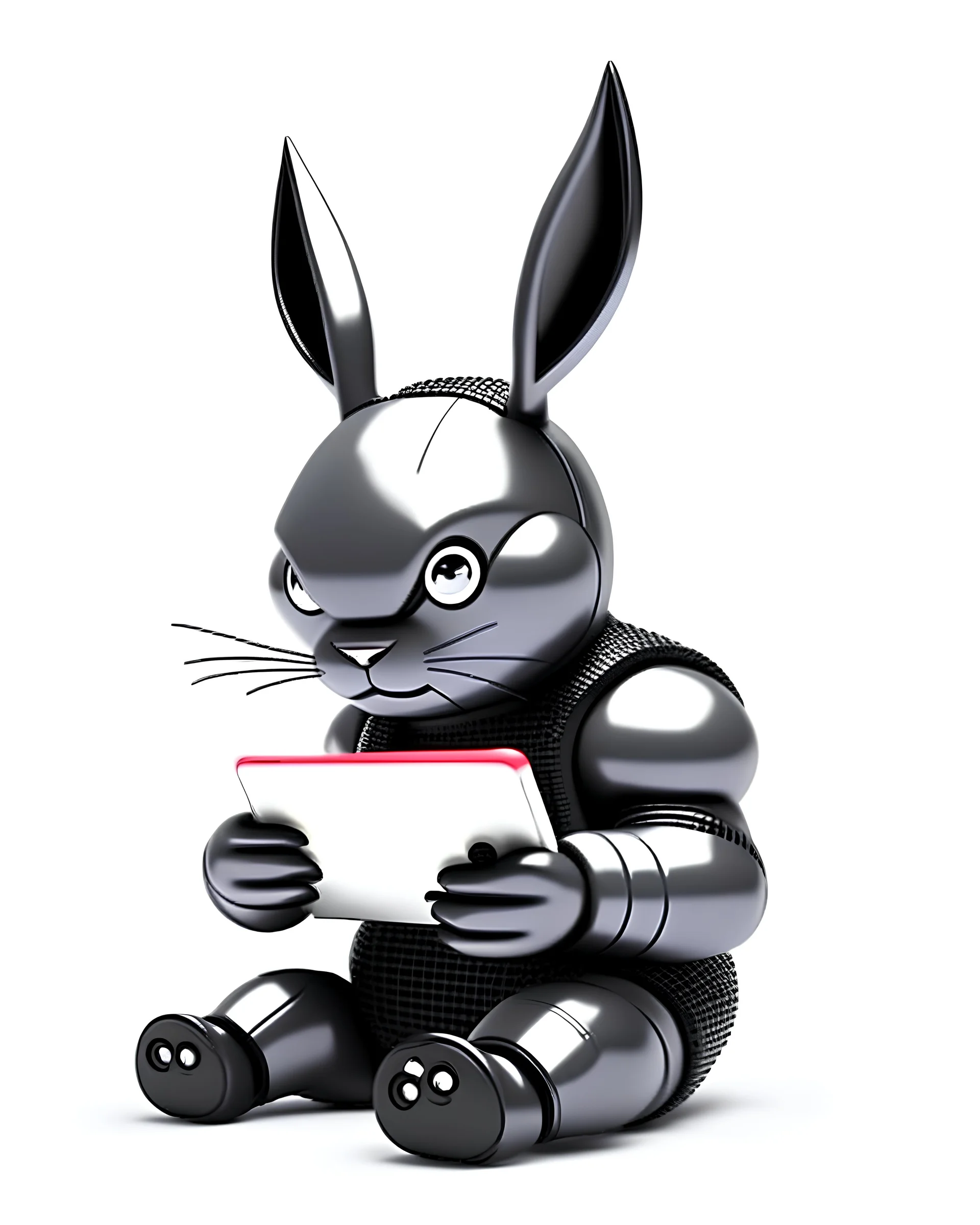 Soft batman Bunny robot working on a smartphone