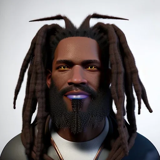 a black man with long dreadlocks, an unkempt beard, and colorful robes. He has a snarl on his face