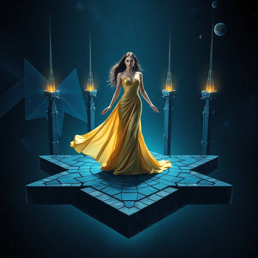 A breathtaking cosmic fantasy scene featuring a stunningly realistic beautiful woman with a perfect face and sculpted figure standing gracefully at the center of a floating geometric platform in deep space. She wears an elegant flowing gown in vibrant gold and blue hues that billow around her perfect form. The platform is constructed from dark cobblestone-like blocks arranged in a star shape. Surrounding her are magnificent CIFI towers like structures,satelights