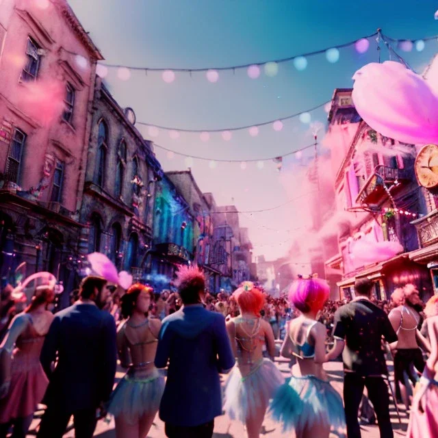 Ultra Realistic photo, medium shot view, drunken dancer women, carnival scene, steampunk. Pink hair, confeti, Sunglasses, smoking, happy, festival, red fog. highly detailed, concept art, unreal engine 5, ray tracing, RTX, lumen lighting, ultra detail, volumetric lighting, 3d, finely drawn, high definition, high resolution.