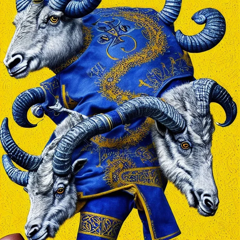 Book of Kells carpet page in blue and yellow colors, picture of a bighorn ram in armor and holding a football, a highly detailed illustration, realistic render, 8 k, micro detail, intricate, elegant, centered, digital painting, Artstation, smooth, sharp focus, illustration, artgerm