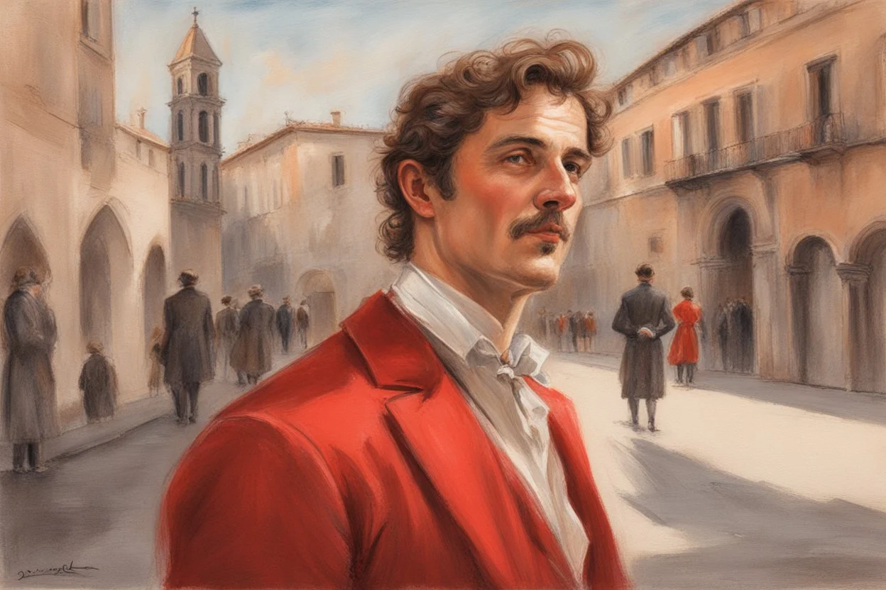 elegant brown haired man in firenze in red costume in sunshine, shading pastel and charcoal