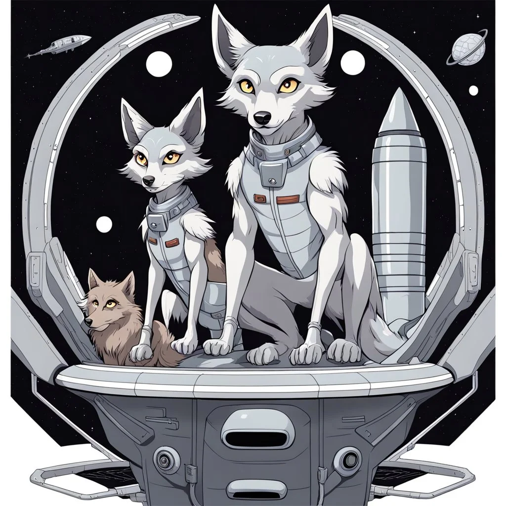 front in picture an of little dark brown catlike creature with big ears, big eyes stands medium close and looking an anthropomorphic wolf couple sitting on the spaceship's ramp close together, the pale gray body hair female wolf sits behind strong dark gray body hair wolf man, raini day, on ramp a little piece of meat lies down, high contrast, high detalied, high realistic, in background detail of an angular spaceship visible. Rain, 3d realistic , profesional fantasy photo