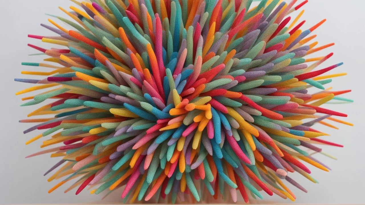 An abstract sculpture in a minimalist style, featuring a large centerpiece made of colorful toothpicks arranged in a swirling pattern, with a tiny flu virus model at the center symbolizing the fight against illness