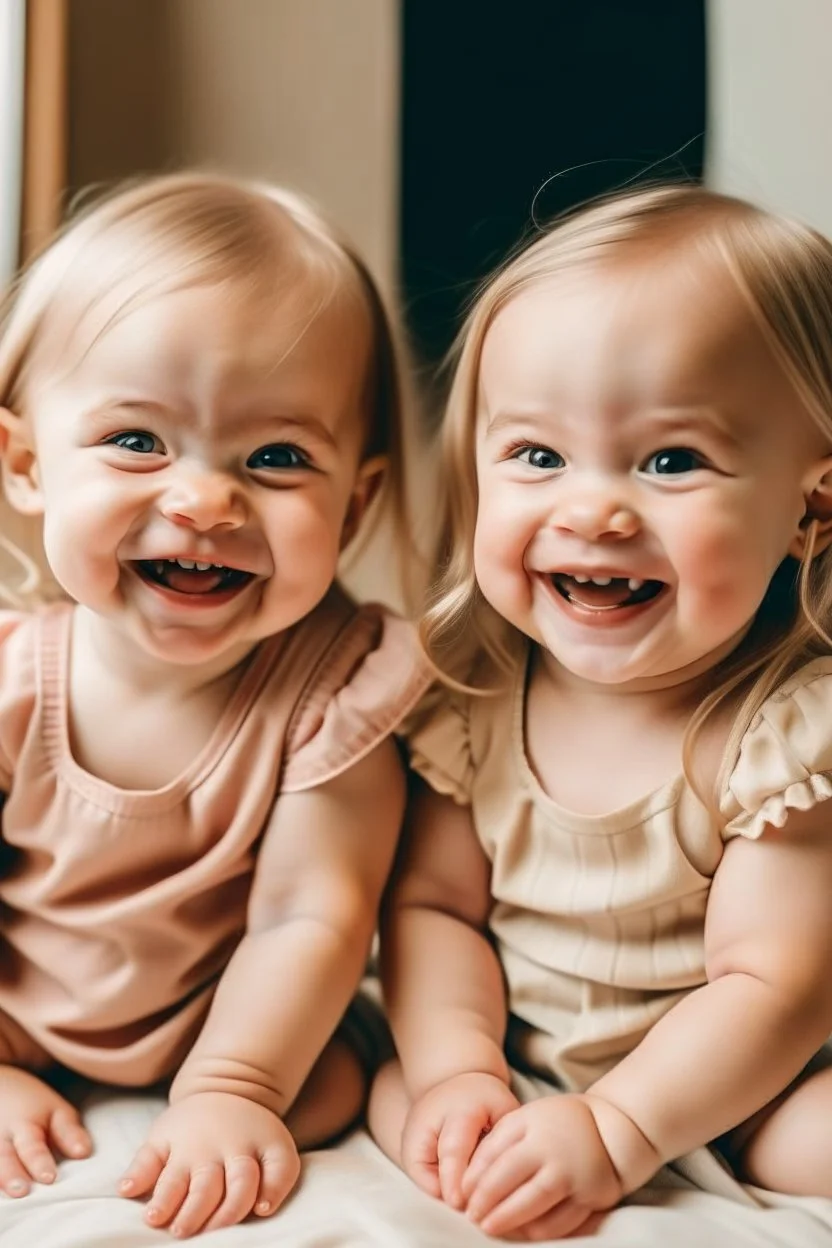 Two infant cute girls smiling and laughing with blonde hair and brown hair