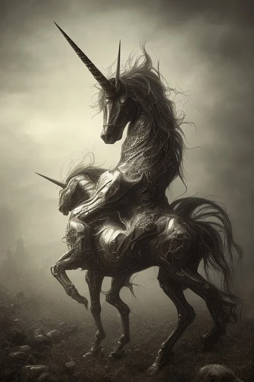 unicorn , dystopian surrealism, dark horror fantasy, hdr, demonic, dark art