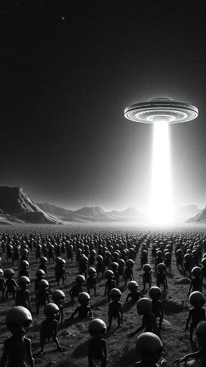 A land filled with hundreds of aliens in a bright light at the end of the picture a ufo object , cinematic, 8k, in black and white, fine line draw
