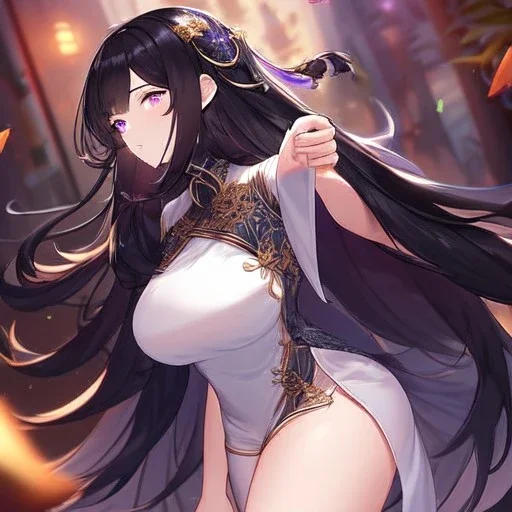 Clear focus,High resolution, Black long fluffy hair, and purple eyes, wearing a chinese dress, cute