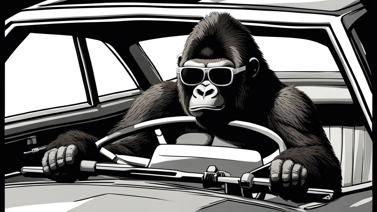Gorilla wearing thick glasses driving a car. Illustration.