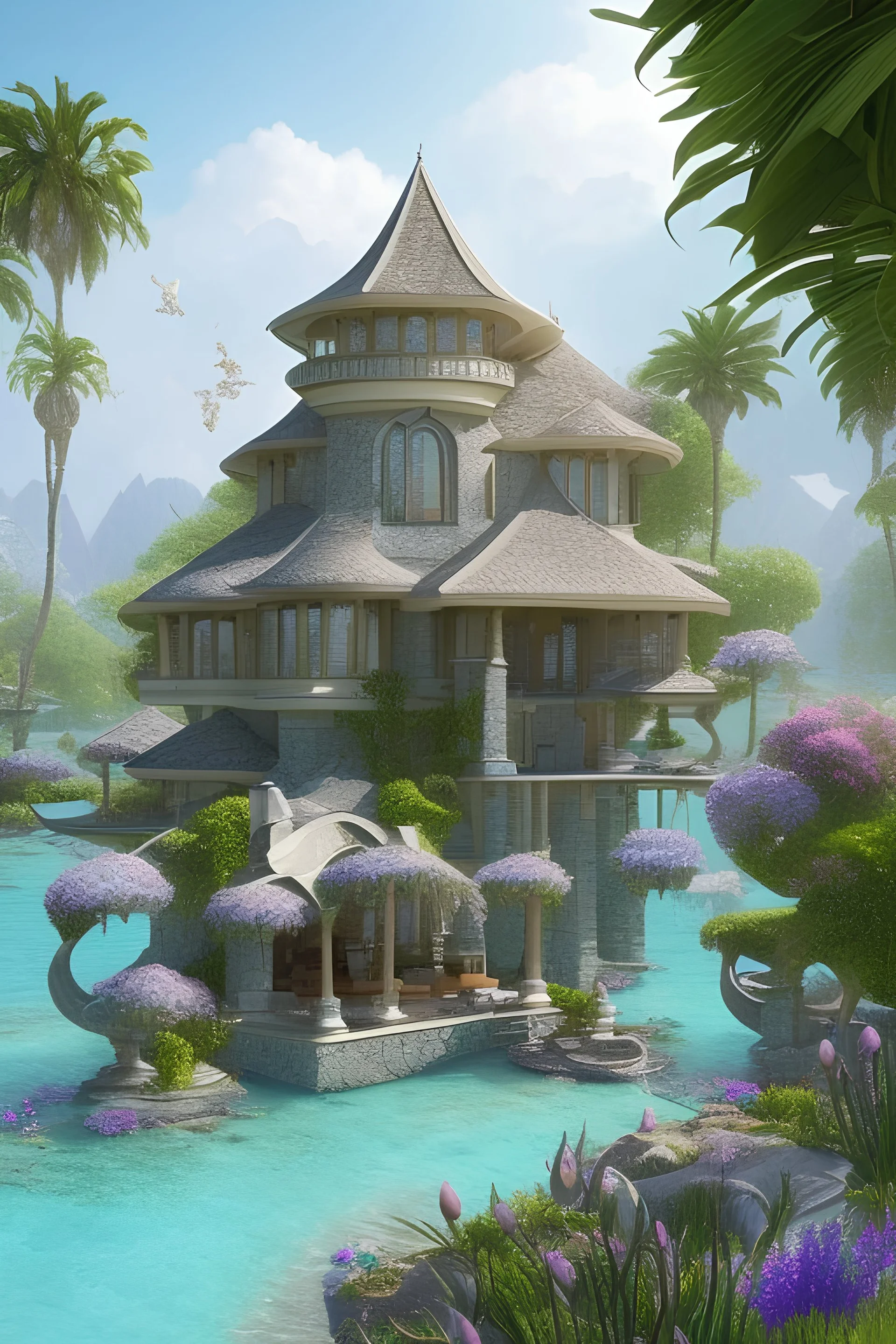 intçerieur Belles villa, avec domes transparant, autour d un espace d eau turquoise, avec fleurs, lumière, plantes vertes, ambiance bleutée, trés réaliste, beaucoup de détails, HD