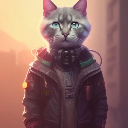 Cyberpunk Portrait of cute cat child perfect composition, hyperrealistic, super detailed, 8k, high quality, trending art, trending on artstation, sharp focus, studio photo, intricate details, highly detailed, by greg rutkowski