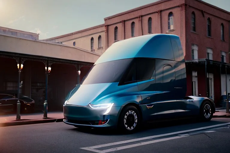 A Tesla 'Semi' (semi truck) is parked, on the streets of New Orleans. (CINEMATIC, WIDE ANGLE LENS, PHOTO REAL)