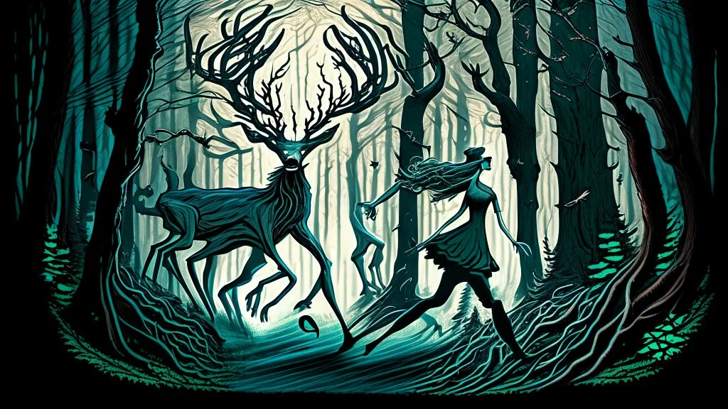 lovecraftian styled resurrected unhappy single deer chasing the modest human lady through the forest.