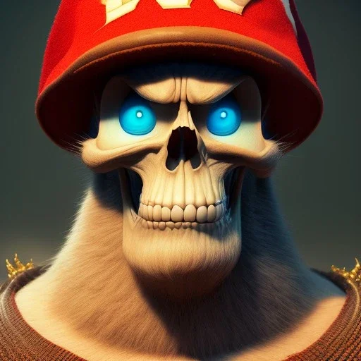 stunning disney Pixar cartoon, cartoon grumpy skull, full shot, confused eyes, realistic eyes, beautiful perfect symmetrical face, extremely detailed, ultra hd, hdr, 8k, cinematic, dramatic lighting, Stanley Artgerm Lau style, beautifully color-coded,studio Portrait Lighting, illuminated face, golfers hat, hair sticking out of hat, plain black background, no gradient color